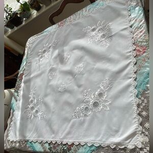 Vintage MCM White Hand Embroidered Lace Floral Tablecloth 35x36 inches